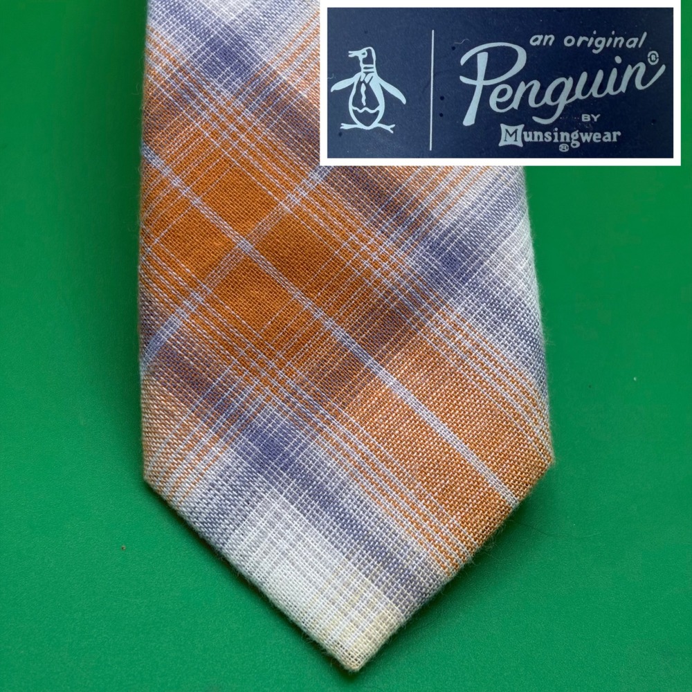 Original Penguin 100% Cotton Plaid Necktie Mens Slim Skinny Orange/Blue Tie NWT